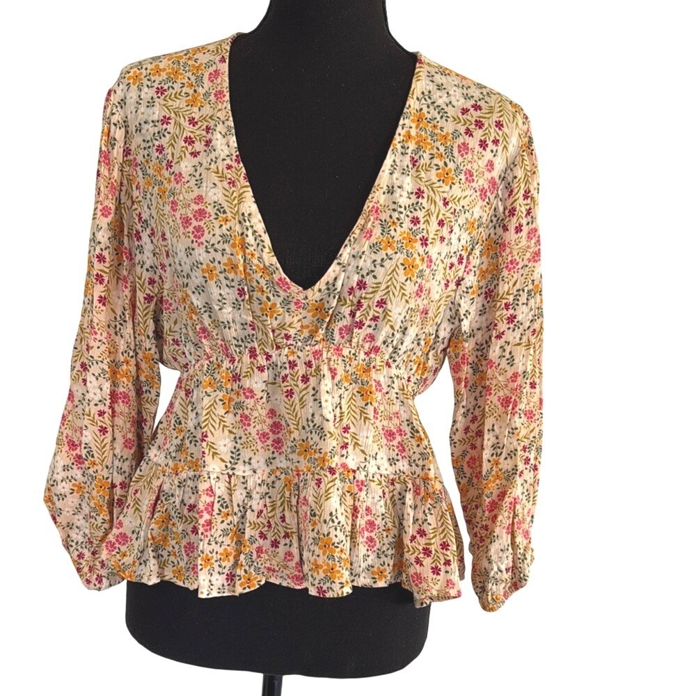 Womens Floral Peplum Blouse Long Sleeve V Neck Smocked Waist Ruffle Trim